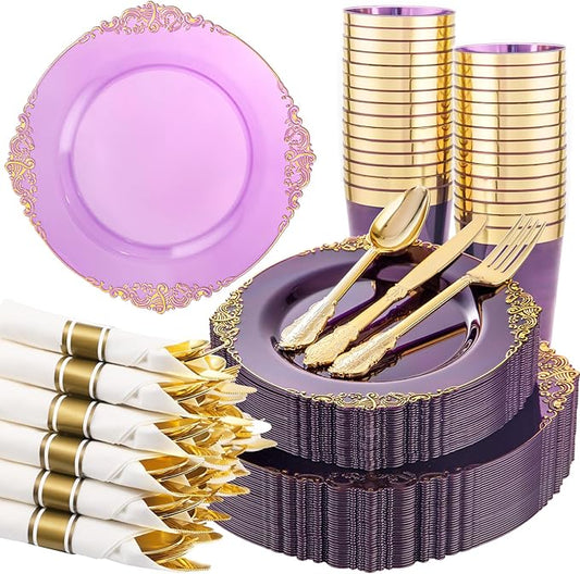 Hioasis 210pcs Purple and Gold Plates - Purple Party Plates for 30 Guest, Include 60 Heavy-duty Plates(20% Thicker Than Standard), 30 Pre Rolled gold Plastic goldware Set, 30 Cups
