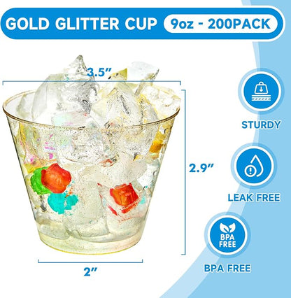 RACETOP 9 oz 200 Pack Gold Glitter Plastic Cups | Disposable Gold Glitter Clear - Image 2