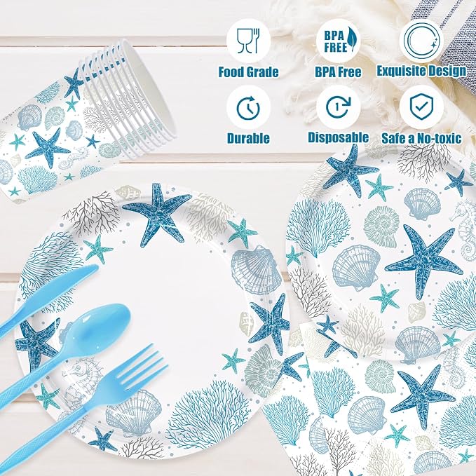 168pcs Coastal Beach Paper Plate Napkin Seashell Party Supplies Serve 24 | Blue - Image 3