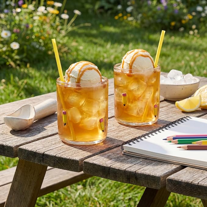 SiliFine 2 Pcs Pencil Icon Juice Glasses - 14oz Pencil Pattern Stemless Wine - Image 6