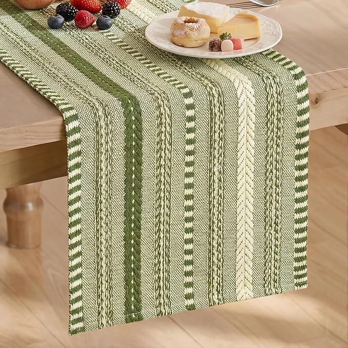 Artoid Mode Army Green Farmhouse Stripe Braided Table Runner 12x48 Inch | by ArtoidMode