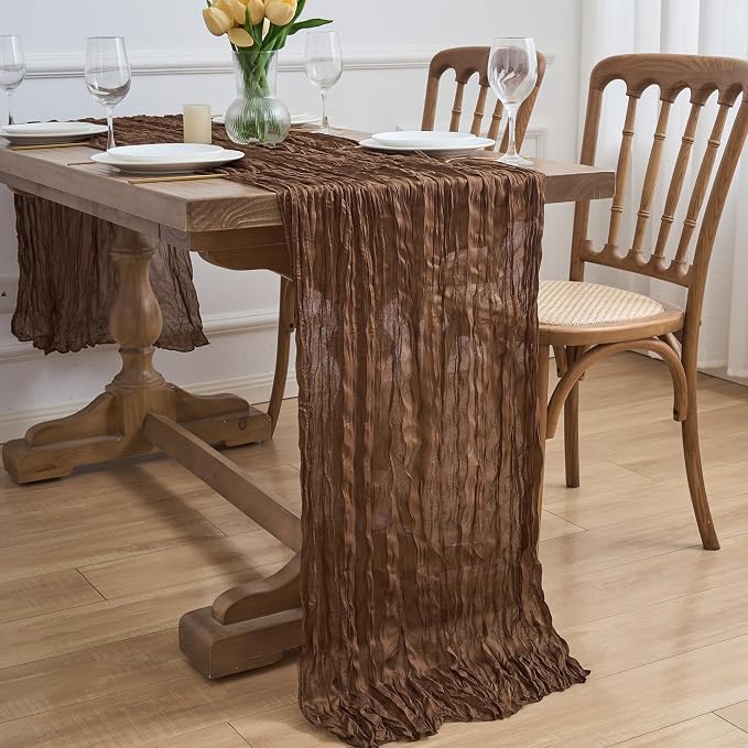 Asee'm 3pcs Brown Coffee Cheesecloth Table Runner 10FT Boho Rustic Fall | Sheer - Image 7