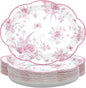 50Pcs Pink Floral Oval Paper Plates 10" x 12" Large Pink and White Floral Scalloped Plates Disposable Heavy Duty Vintage Flower Dessert Platters for Wedding Bridal Shower Decoration Tea Party Supplies