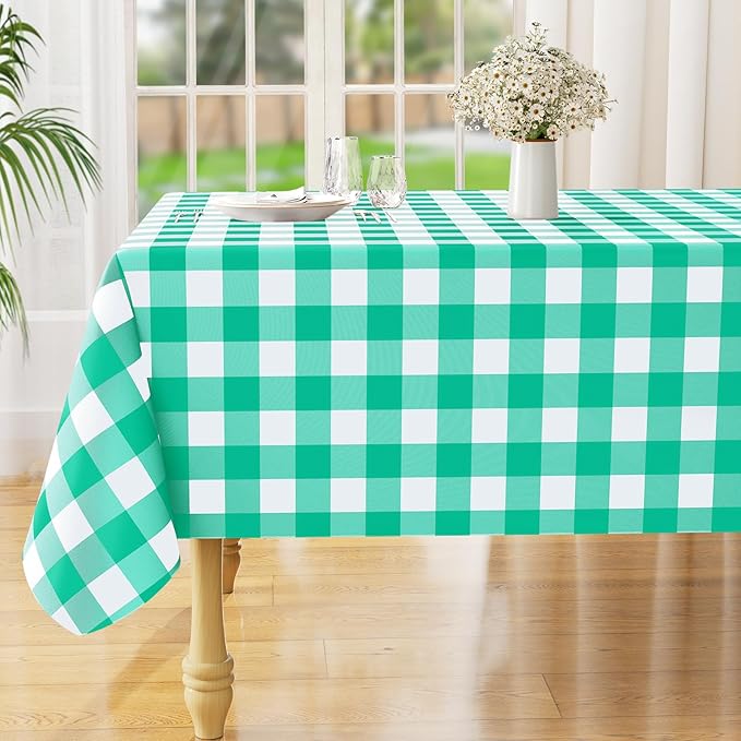 misaya Rectangle Waterproof Vinyl Table Cloth, Buffalo Flannel Backed Tablecloth, Wipeable Plastic Table Cover for Dinner, Kitchen, Outdoor (60" x 120", Green and White)