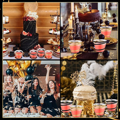 Gejoy 9 oz Rimmed Swirl Plastic Cups Disposable Wine Drinking Cups Clear Elegant Halloween Tumblers for Christmas Party Supplies(Black, Gold,200 Pcs)