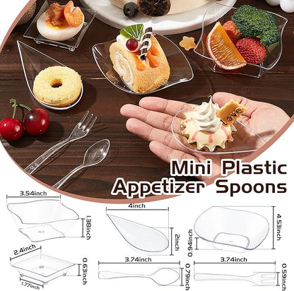 Tessco 800 Pcs Mini Appetizer Plates Set Including 400 Disposable Dessert Plates Assorted Shape 200 Mini Plastic Forks 200 Plastic Spoons for Party(Clear,Classic)