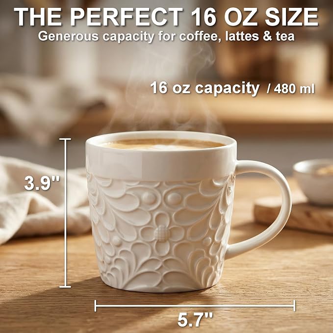 25DOL 16 oz Ceramic Coffee Mugs Set of 4 – Embossed Nature-Inspired Design - Image 5