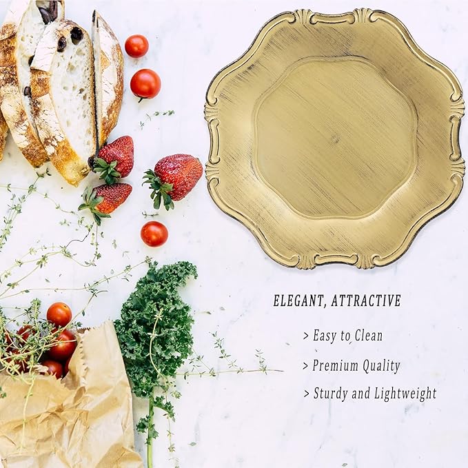 Gold Charger Plates Set of 6, Decorative Table Plastic Chargers for Dinner Plates, Party, Wedding, Thanksgiving, Christmas, 22G