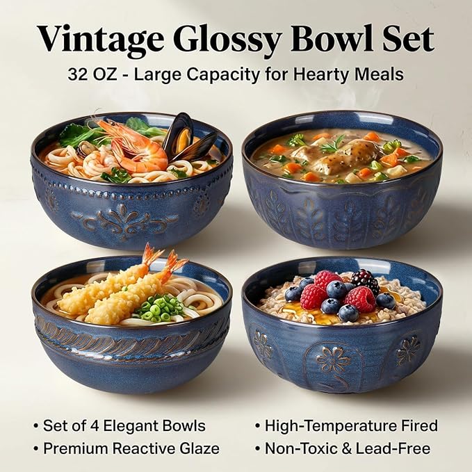 Soup Bowls 32 OZ, Cereal Bowls Set of 4, Embossment Ceramic Ramen Bowl - Image 3