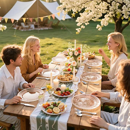 GATHER 350PCS Rose Gold Plastic Plates - Disposable Rose Gold Dinnerware Includes 100 Clear Rose Golds Rimmed Plastic Plates, 150 Silverware, 50 Napkins, 50 Cups for Party, Wedding, Valentine's Day