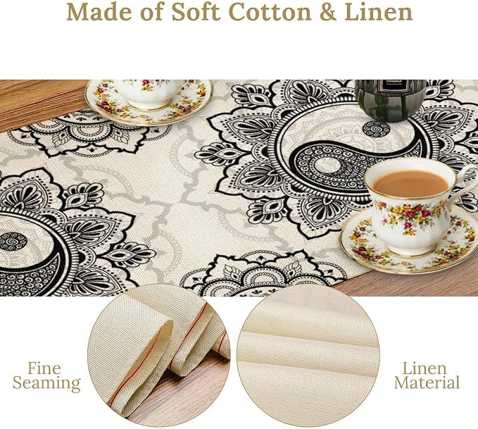 Yin Yang Table Runner, Bohemian Mandala Vintage Black White Traditional - Image 6