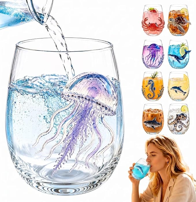 3D Floating Jellyfish Stemless Wine Glass, Artistic Ocean Tumbler | Unique by Unknown