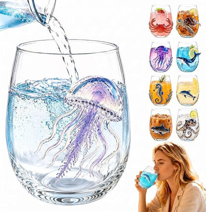 3D Floating Jellyfish Stemless Wine Glass, Artistic Ocean Tumbler | Unique by Unknown