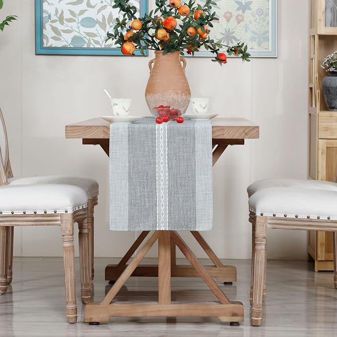 NEWISHER Farmhouse Braided Striped Embroidery Table Runner 72 inches Grey | - Image 8