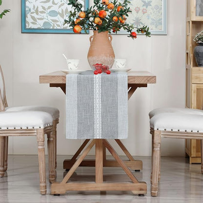 NEWISHER Farmhouse Braided Striped Embroidery Table Runner 108 inches Grey | - Image 7