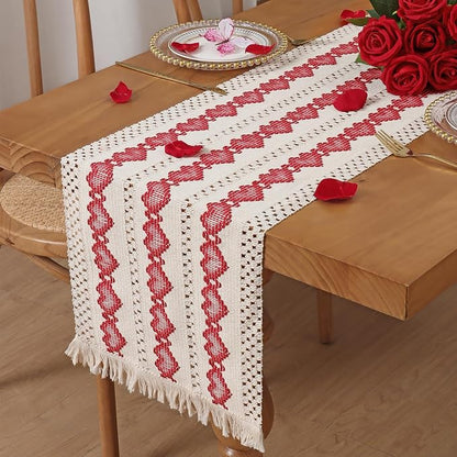 Macrame Table Runner Beige and Red Heart Table Runners - Image 5