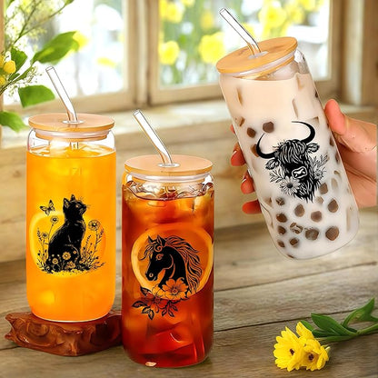 Cute Black Cat Glass Cup With Lids And Straws, Black Cat Gift For Women, Iced, Coffee, Smoothie, Cocktail, Beer, Whiskey, Soda, Matcha,16 Oz, Home Office Table Desk Decoration!