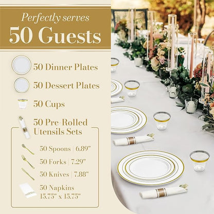 Reli. Plastic Plates for Party | 350 Pieces | White w/Gold Rim | Plates and Napkins Party Supplies | Disposable Dinnerware Set for 50 Guests | Dinner & Dessert Pack, Pre-Rolled Gold Cutlery Set, Cups