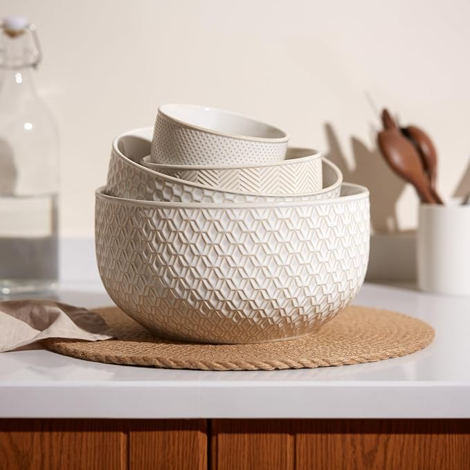 KooK Ceramic Mixing Bowls, Nesting Set of 4, Embossed Kitchen Dishware - Image 2
