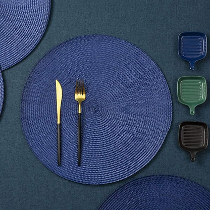 AHHFSMEI Round Braided Placemats 15 Inch Round Table Mats for Dining Tables Natural Woven Heat Resistant Place mats Set of 4 (Navy Blue,4)