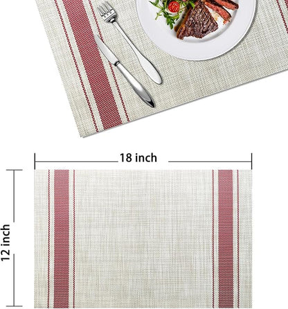Placemats Set of 4 Vinyl Washable Red Stripe Placemats, 18"x12" Wipeable Heat-Resistant Non-Slip Easy Clean Table Mats Ideal for Dining Table Table Runner and Outdoor (4, Red Wide Stripe)