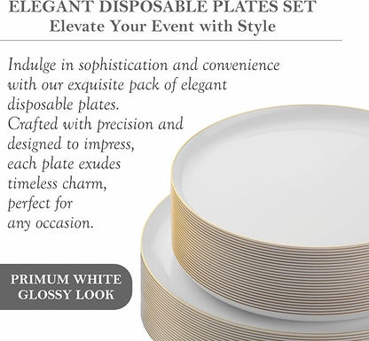 BloominGoods 50 PCS Disposable Plastic Plates For Party, 25 8.5 In. Appetizer Plates And 25 10.5 In. Dinner Plates, White With Gold Rim Plates For Wedding Or Event, Heavy Duty