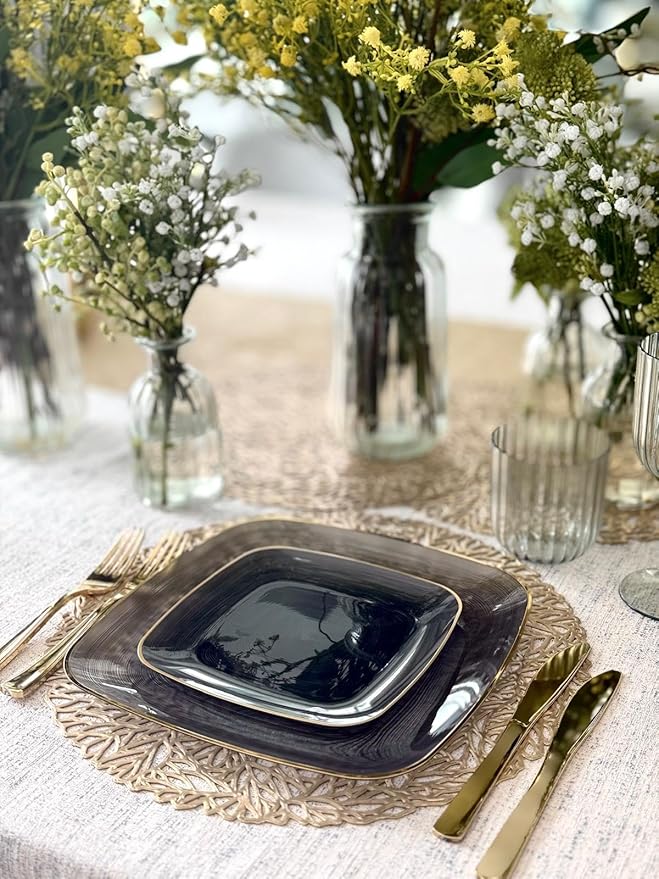 " OCCASIONS " 100 Plates Pack,(50 Guests) Premium Wedding Party Disposable Plastic Plates Set -50 x 10'' Dinner + 50 x 7'' Salad/Dessert (Belize Square in Black & Gold)