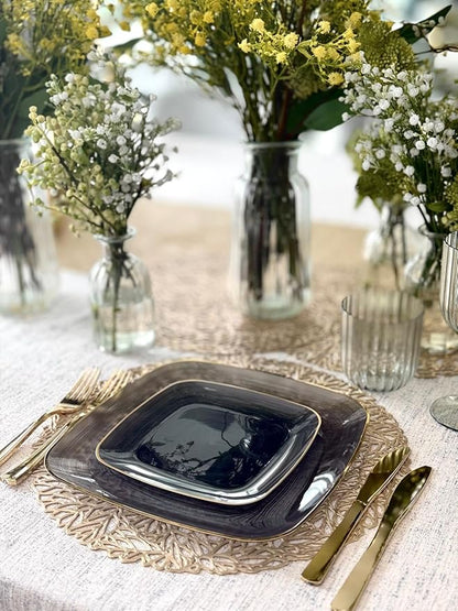 " OCCASIONS " 100 Plates Pack,(50 Guests) Premium Wedding Party Disposable Plastic Plates Set -50 x 10'' Dinner + 50 x 7'' Salad/Dessert (Belize Square in Black & Gold)