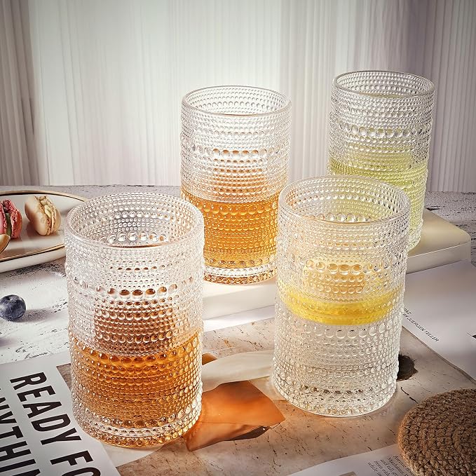OPAYLY hobnail drinking glasses Highball Glasses Set of 4 12oZ Embossed Vintage - Image 4