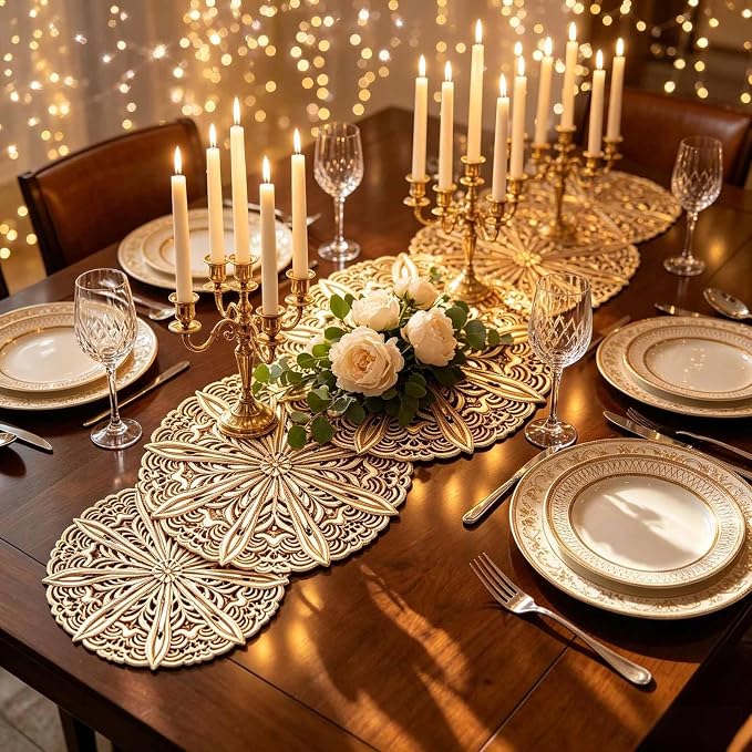 Gold Table Runner 36 Inches Flower Dining Table Runner Fall Decor | Vinyl - Image 7