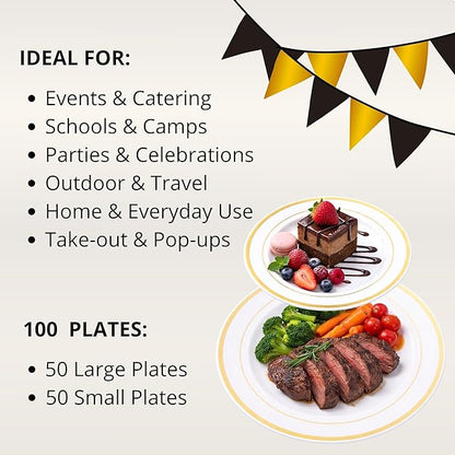 Neatiffy100 Pcs Gold Rim Plastic Dinnerware Set (50 Guest) | 50 x (Dinner Plate, Dessert Plate) | For Wedding, Luxurious Party, Special Event