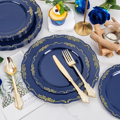 DaYammi 150Pcs Blue Plastic Plates Heavy Duty Navy Blue Disposable Plates with Gold Plastic Silverware include 30 Dinner Plate,30 Dessert Plate,90 Gold Silverware Set,blue plates for Party Dinner