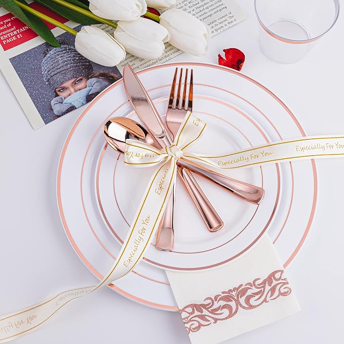 300PCS Rose Gold Plastic Silverware, Disposable Cutlery & Utensils | Heavy Duty - Image 6