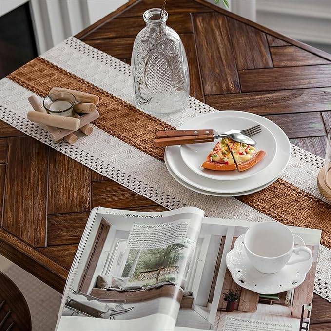 Macrame Table Runner Cream Beige and Caramel Boho Table Runners - Image 2