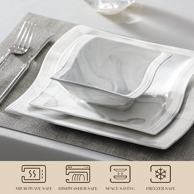 MALACASA 26-Piece Marble Grey Square Dinnerware Sets, Flora Porcelain Dinner Set - Image 4
