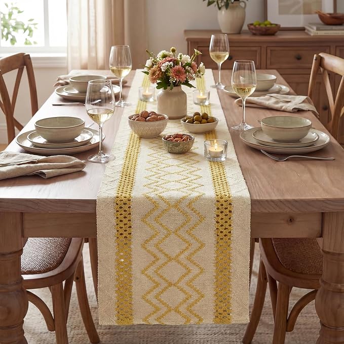 Artoid Mode Yellow Stripe Diamond Woven Table Runner 12x72 Inch | Holiday - Image 2