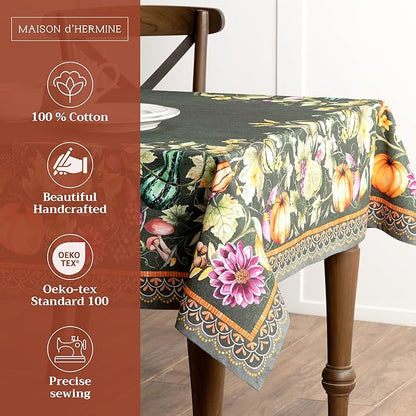 Maison d' Hermine Table Cloth Rectangle Table 100% Cotton 70 x 108 Inches Fall Tablecloth Reusable Everyday Use for Thanksgiving Christmas Decorations Dining Farmhouse (Pumpkin Garden - Dark Green)