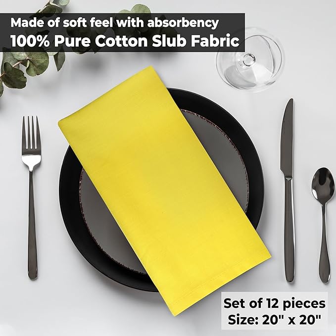 Urban Villa Cloth Napkins Set of 12 20x20 Inches 100% Cotton Napkins Cloth Washable Soft Durable Reusable Absorbent Table Dinner Napkins Cloth for Hotel Lunch Restaurant Weddings Parties-Neon Yelllow