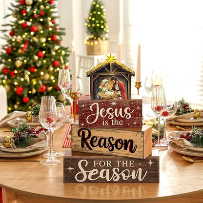 Moucuny 4 Pcs Christmas Table Decoration Christian Wooden Stacked Block - Image 4