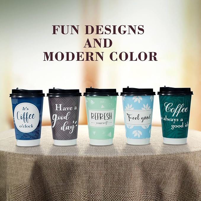 Disposable Coffee Cups with Lids 16 oz, 50 Pack Double-Walled Fun Designs - Image 4
