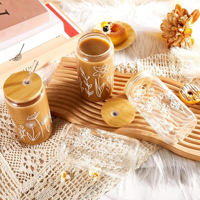 Mumufy 24 Pack Glass Cups Gift Aesthetic Cute Glass Cup Tumbler Flower Iced - Image 4