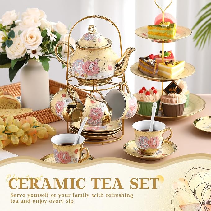21 Pcs Ceramic Teapot Set Vintage Porcelain Tea Cups - Image 3