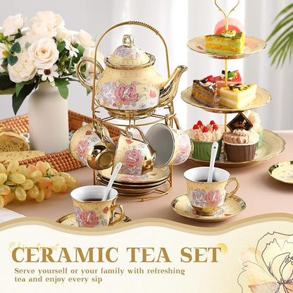 21 Pcs Ceramic Teapot Set Vintage Porcelain Tea Cups - Image 3