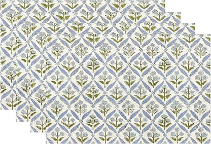 Block Print Floral Placemats 12x18 Inches Set of 4, Boho Blue Flower Decorative Modern Rectangle Table Mats for Party, Home Kitchen,Dining Table Decoration