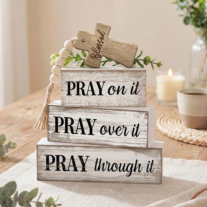 Moucuny 4 Pcs Christian Table Decor Wooden Cross Wooden Bible Verse Sign - Image 7