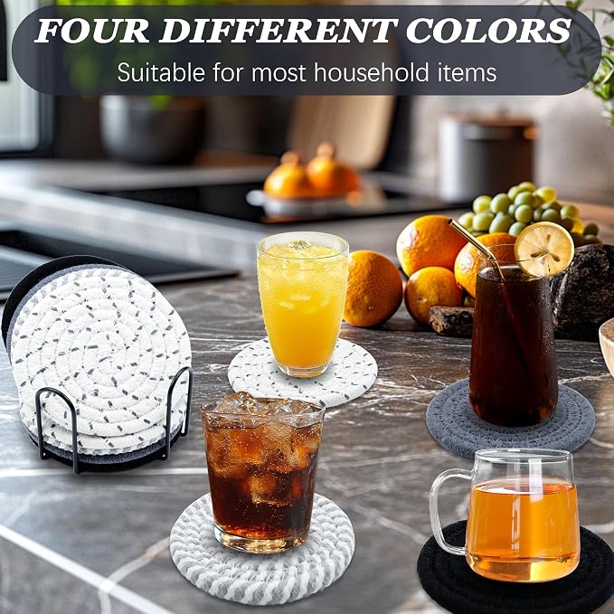 8 Pcs Drink Coasters with Holder, Minimalist Cotton Woven Coaster Set, 4 Colors - Image 6