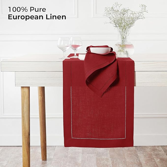 D'Moksha Homes Linen Red Table Runner 132 Inches Long - 100% Pure Linen Extra Long Table Runner 14 x 132 Inch for Valentines, Spring - Classic Hemstitch