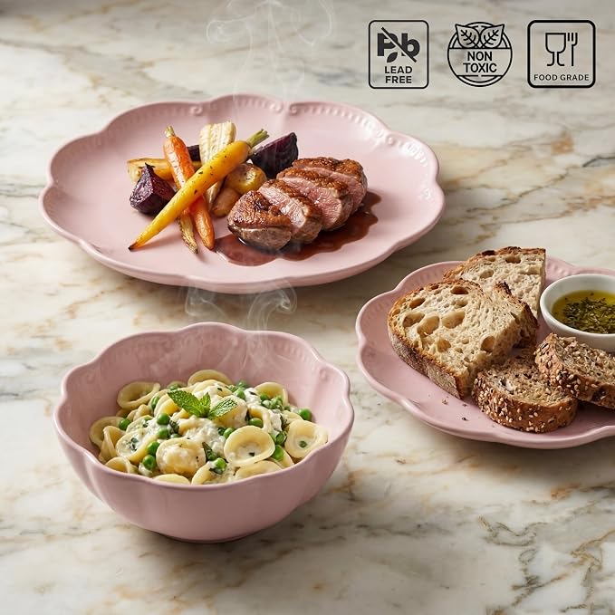 Sango 12 Pieces Scalloped Dinnerware Set, Modern Pink Dishes - Image 3