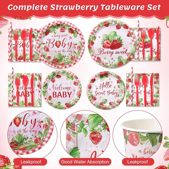 450 Pcs Strawberry Baby Shower Tableware Set Decoration, Serves 50 | A Berry - Image 3