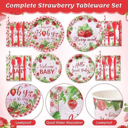 450 Pcs Strawberry Baby Shower Tableware Set Decoration, Serves 50 | A Berry - Image 3